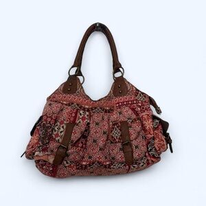 Boho Red Patterned Shoulder Bag with Brown Trim